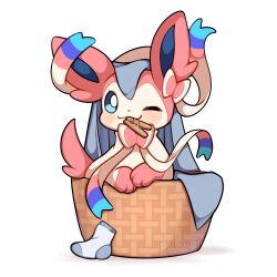  absurdres animal_focus basket blanket blue_eyes blush closed_mouth highres laundry laundry_basket looking_at_viewer no_humans one_eye_closed pokemon pokemon_(creature) pokemon_focus ribbon sevi_(seviyummy) simple_background smile socks solo sylveon white_background 