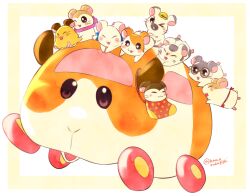  3girls 6+boys animal_focus apron blue_ribbon chibimaru-chan closed_eyes crossover glasses guinea_pig hair_ribbon hamster hamtaro hamtaro_(series) hard_hat helmet highres koushi_(hamtaro) mafura-chan maido-kun_(hamtaro) megane-kun_(hamtaro) molcar multiple_boys multiple_girls neteru_(hamtaro) no_humans one_eye_closed potato_(pui_pui_molcar) pui_pui_molcar red_apron ribbon ribbon_(hamtaro) scarf simple_background sleeping smile socks taishou_(hamtaro) takagishi_kamo trait_connection whiskers white_background 