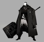  1boy black_coat black_gloves clenched_hand coat crack cross glint gloves grey_background hammer highres holding holding_hammer holding_weapon male_focus mask open_clothes open_coat open_mouth original simple_background solo standing torn torn_clothes viiiper weapon writing 