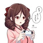  1girl bow brown_hair controller drill_hair game_controller hair_between_eyes hair_bow harukaze_(kancolle) holding holding_controller holding_game_controller japanese_clothes kantai_collection kimono meiji_schoolgirl_uniform pink_kimono red_bow red_eyes solo speech_bubble tk8d32 translation_request twin_drills 