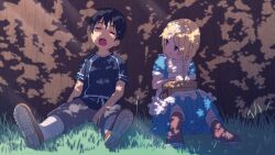  1boy 1girl alice_zuberg apron black_hair black_shirt blonde_hair blue_dress blue_eyes boots brown_boots brown_shoes child closed_eyes closed_mouth commentary dress frilled_apron frills grass grey_shorts hair_intakes hairband highres kirito long_hair looking_at_another object_on_lap on_grass open_mouth picnic_blanket shadow shirt shoes short_hair shorts sitting smile sneakers sunlight sword_art_online sword_art_online:_alicization tanaka_masaaki tree_shade white_apron white_hairband 