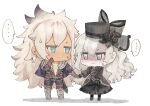  ... blue_eyes blush chibi dark-skinned_male dark_skin fate/apocrypha fate/grand_order fate_(series) gothic_lolita hat highres holding_hands husband_and_wife kriemhild_(fate) lolita_fashion long_hair pale_skin sad_adrian siegfried_(fate) smile speech_bubble sweatdrop wavy_hair wavy_mouth white_hair 