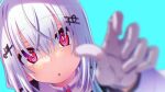  1girl :o absurdres bangs black_shirt blue_background blurry blurry_foreground collared_shirt commentary_request depth_of_field dutch_angle eyebrows_visible_through_hair gloves grey_hair hair_between_eyes hair_ornament hairclip hakase_fuyuki hand_up highres long_hair long_sleeves looking_at_viewer nijisanji parted_lips red_eyes sakuya_tsuitachi shirt simple_background solo upper_body virtual_youtuber white_gloves 