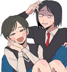  +_+ :d black_eyes black_hair black_sweater black_sweater_vest blue_pants blue_skirt blush collared_shirt commentary cousins drooling futsuu_no_keion-bu hair_ornament hairpin hand_on_own_head highres inusuki_kogeta knees_up kouyama_rin long_sleeves lovestruck necktie nervous_smile own_hands_clasped own_hands_together pants parted_bangs pixie_cut red_necktie school_uniform shaded_face shirt short_hair simple_background sitting skirt smile sweat sweater sweater_vest taguchi_ryuuya white_background white_shirt 