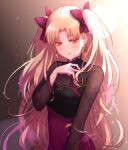 1girl black_shirt blonde_hair blush bow closed_mouth ereshkigal_(fate) eyebrows_visible_through_hair fate/grand_order fate_(series) hair_bow hair_intakes hair_twirling high-waist_skirt highres long_hair long_sleeves nail_polish orange_eyes red_bow red_nails red_skirt satsu_oekaki shiny shiny_hair shirt skirt solo twintails two_side_up upper_body very_long_hair