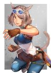  1girl animal_ears avatar_(ff14) bangs belt braid cat_ears cat_tail clenched_hand commission denim eyewear_on_head facial_mark final_fantasy final_fantasy_xiv fingerless_gloves gloves green_eyes grey_hair gun hinoru_saikusa holstered_weapon jeans looking_at_viewer miqo&#039;te open_mouth pants parted_bangs scar scar_on_face scar_on_nose short_hair skeb_commission sleeveless slit_pupils solo sunglasses tail weapon whisker_markings 