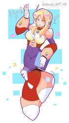  1girl absurdres alia_(mega_man) artlemony blonde_hair blue_eyes breasts full_body highres large_breasts medium_hair mega_man_(series) mega_man_x_(series) one_eye_closed simple_background solo white_background 