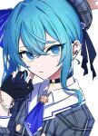  1girl absurdres ascot bangs black_choker black_gloves blue_ascot blue_eyes blue_hair choker collared_shirt commentary_request earrings eyebrows_visible_through_hair gloves hair_between_eyes highres hololive hoshimachi_suisei jacket jewelry long_hair long_sleeves looking_at_viewer nanashnojo partially_fingerless_gloves plaid plaid_jacket shirt solo upper_body virtual_youtuber white_shirt 