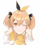  1girl artist_name bangs bow bowtie brown_eyes chilli_646 closed_mouth eyebrows_visible_through_hair girls_frontline hair_bow hair_ornament hairclip hands_in_hair highres light_brown_hair long_hair looking_at_viewer official_alternate_costume one_eye_closed scar scar_across_eye smile solo twintails ump9_(girls&#039;_frontline) ump9_(the_wish-granting_sorceress_of_fireworks)_(girls&#039;_frontline) upper_body white_background yellow_bow yellow_bowtie 