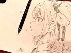  1girl art_tools_in_frame blush commentary_request from_side gasuri_govan graphite_(medium) hair_ribbon lycoris_recoil mechanical_pencil nishikigi_chisato one_side_up pencil portrait ribbon short_hair solo traditional_media 