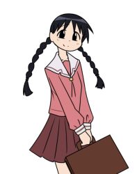  1girl azumanga_daioh azumanga_daioh's_school_uniform bag black_eyes black_hair braid brown_bag farhan_melukis handbag holding holding_bag long_hair looking_at_viewer maroon_skirt pink_shirt pleated_skirt rachel_handlebarz sailor_collar school_uniform shirt skirt smile twin_braids white_background white_sailor_collar white_sleeve_cuffs 