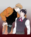  2boys absurdres acea_n black_hair blonde_hair crotchless crotchless_pants dio_brando earrings grabbing_another&#039;s_hair hand_on_hip headband height_difference highres jacket jewelry jojo_no_kimyou_na_bouken jonathan_joestar leotard male_focus multiple_boys orange_jacket orange_pants pants phantom_blood scared stardust_crusaders sweater_vest time_paradox yellow_jacket yellow_pants 