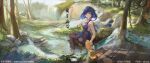  1girl bangs bare_arms bare_shoulders black_legwear blue_eyes blue_hair chinese_clothes dress forest genshin_impact hand_fan highres holding holding_fan kettle looking_at_viewer looking_back nature panties river short_hair sitting sleeveless sleeveless_dress smile solo teapot thigh-highs underwear wboss yelan_(genshin_impact) 