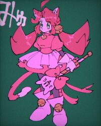  1girl animal_ears bell cat_ears cat_girl cat_tail gloves green_eyes hair_bell hair_ornament heart heart_pendant highres jingle_bell mad_mew_mew magical_girl pink_hair pink_tail shio_tou simple_background skirt solo tail twintails undertale white_gloves 