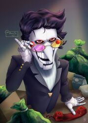 1boy 2023 2d absurdres adjusting_eyewear arm_support artist_name beau-tie black_hair black_suit corded_phone deltarune digital_media formal_clothes glasses grey_background heterochromatic_eyewear highres huge_filesize large_filesize looking_at_viewer male_focus open_mouth phone pink-tinted_eyewear pinky_out pointy_nose puppet red_eyes round_eyewear sack short_hair signature simple_background solo spamton_g._spamton suit teeth tinted_eyewear utdr_(toby_fox) yellow-tinted_eyewear