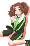  1girl :o black_footwear blush brown_hair full_body green_eyes green_shorts highres idolmaster jacket kahiika kusakabe_wakaba medium_hair shoes shorts simple_background sitting sneakers sportswear sweatdrop towel towel_around_neck track_jacket white_background 