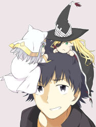  1boy 2girls :< a_certain_high_school_uniform animal_ears black_cape black_hair black_hat black_jacket blonde_hair cape check_commentary chibi clenched_teeth closed_mouth collared_jacket commentary_request eyepatch full_body gakuran green_eyes grey_background grey_eyes hat highres index_(toaru_majutsu_no_index) jacket kamijou_touma long_hair looking_at_another multiple_girls nervous_smile nun on_head on_person othinus person_on_head portrait robe school_uniform short_hair simple_background smile spiky_hair teeth toaru_majutsu_no_index toaru_majutsu_no_index:_new_testament white_robe winter_uniform witch_hat yakutashi 