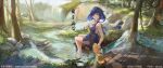  1girl bangs bare_arms bare_legs bare_shoulders blue_eyes blue_hair chinese_clothes dress forest genshin_impact hand_fan highres holding holding_fan kettle looking_at_viewer looking_back nature river short_hair sitting sleeveless sleeveless_dress smile solo teapot wboss yelan_(genshin_impact) 