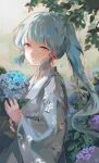  1girl bangs blue_eyes blue_hair blue_kimono blunt_bangs floral_print flower genshin_impact highres japanese_clothes kamisato_ayaka kimono long_sleeves looking_at_viewer mole mole_under_eye pla4neta ponytail sidelocks smile solo wide_sleeves 