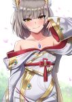  1girl animal_ears cat_girl chest_jewel dress eyebrows_visible_through_hair facial_mark gem highres japanese_clothes long_sleeves namu_(112namu) nia_(blade)_(xenoblade) nia_(xenoblade) smile solo strapless strapless_dress xenoblade_chronicles_(series) xenoblade_chronicles_2 xenoblade_chronicles_3 yellow_eyes 