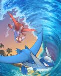  :d absurdres bright_pupils claws closed_mouth commentary_request highres katkichi latias latios open_mouth outdoors palm_tree pokemon pokemon_(creature) red_eyes sky smile tree twilight water waves white_pupils yellow_eyes 