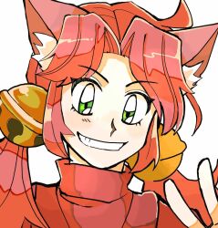  1girl animal_ears bell cat_ears cat_girl green_eyes hair_bell hair_ornament jingle_bell mad_mew_mew magical_girl pink_hair shio_tou simple_background smile solo twintails undertale 
