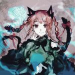  1girl animal_ears black_bow black_bowtie bow bowtie braid cat_ears cat_tail closed_mouth detached_sleeves dress fangs green_dress hair_bow hand_up heinrich_(fernanderuddle) highres hitodama kaenbyou_rin long_hair long_sleeves looking_at_viewer multiple_tails nekomata red_bow red_eyes redhead sidelocks smile solo tail tail_bow tail_ornament touhou twin_braids two_tails upper_body 