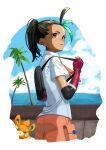  1girl absurdres backpack bag black_bag black_hair border brown_eyes clouds collared_shirt commentary_request day freckles gloves green_hair hand_up highres holding_strap kun_(user_tmwh7453) looking_to_the_side multicolored_hair necktie nemona_(pokemon) orange_necktie orange_shorts outdoors palm_tree parted_lips pawmi pokemon pokemon_(creature) pokemon_(game) pokemon_sv ponytail red_gloves shirt short_sleeves shorts sky streaked_hair tree white_border white_shirt 