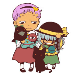  2girls bird bird_on_hand black_cat black_eyes black_hat black_shoes bow buttons cat closed_mouth commentary_request full_body green_bow green_skirt grey_hair hair_ornament hair_over_eyes hat heart heart_button heart_hair_ornament kaenbyou_rin kaenbyou_rin_(cat) komeiji_koishi komeiji_satori long_hair looking_at_viewer multiple_girls onikobe_rin open_mouth pink_hair red_skirt reiuji_utsuho reiuji_utsuho_(bird) shirt shoes short_hair simple_background skirt smile socks third_eye touhou white_background white_socks yellow_shirt 