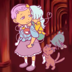  2girls bird blue_shirt carrying chireiden closed_mouth commentary_request crow full_body green_skirt grey_hair hair_ornament hair_over_eyes hallway heart heart_hair_ornament heart_of_string kaenbyou_rin kaenbyou_rin_(cat) komeiji_koishi komeiji_satori long_hair multiple_girls multiple_tails onikobe_rin piggyback purple_hair purple_skirt purple_slippers red_background red_cat reiuji_utsuho reiuji_utsuho_(bird) shirt short_hair siblings sisters skirt slippers smile socks tail third_eye touhou two_tails very_short_hair violet_eyes white_socks yellow_shirt 