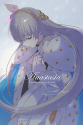 1girl anastasia_(fate) blue_cloak blue_eyes breasts character_name cloak dress echo_(circa) fate/grand_order fate_(series) fur_trim hair_over_one_eye hairband jewelry long_hair medium_breasts neck_ring very_long_hair white_dress white_hair 