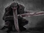  black_pants blood blood_on_clothes blood_on_weapon chainsaw_man coat facing_down fighting_stance grey_background greyscale hat katana katana_man_(chainsaw_man) kishima_(ki123454321) monochrome pants simple_background solo squatting sword trench_coat weapon 