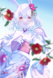 1girl :d animal_ears blue_background blurry blush chinese_zodiac colored_eyelashes depth_of_field floral_print floral_print_kimono flower gloves gradient_background hair_flower hair_ornament highres japanese_clothes kimono long_sleeves new_year obi original osakana_(0519_sakana) pale_skin print_kimono purple_sash rabbit_ears rabbit_girl red_eyes red_flower ribbon sash smile solo white_background white_eyelashes white_gloves white_hair white_kimono year_of_the_rabbit yellow_ribbon