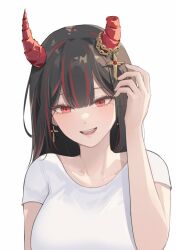  asymmetrical_horns black_hair black_nails bluejump broken_horn broken_horns buttbbol chain cross cross_earrings demon_horns earrings hair_lift highres horns jegal_geumja jewelry long_hair looking_at_viewer multicolored_hair red_eyes red_hair red_horns seductive_smile shirt simple_background slit_pupils smile white_background white_shirt 
