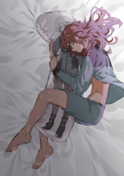  1girl absurdres asticassia_school_uniform barefoot black_pantyhose blue_eyes bluish_gray_cat commentary dakimakura_(object) green_jacket green_shorts grey_eyes gundam gundam_suisei_no_majo highres hugging_object implied_yuri jacket long_hair long_sleeves lying miorine_rembran on_side pantyhose pillow pillow_hug red_hair school_uniform shorts solo suletta_mercury white_hair 