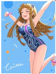  1girl animal_print armpits arms_up bangs_blown_up blue_background bouncing_breasts braid breasts brown_hair butterfly_hair_ornament butterfly_print cheering closed_eyes collarbone cursive eyelashes hair_ornament highres idolmaster idolmaster_million_live! idolmaster_million_live!_theater_days kousaka_umi long_hair medium_breasts one-piece_swimsuit open_mouth outside_border sandals signature smile solo swimsuit tainoe7828 teeth twin_braids upper_teeth_only wristband 