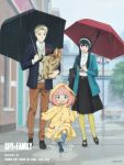  1boy 2girls anya_(spy_x_family) bangs black_hair blonde_hair blush boots child closed_mouth coat earrings female_child hair_ornament hairband highres holding jewelry long_hair long_skirt looking_at_viewer multiple_girls official_art open_mouth pink_hair rain raincoat red_eyes shirt short_hair sidelocks skirt smile spy_x_family twilight_(spy_x_family) yellow_raincoat yor_briar 