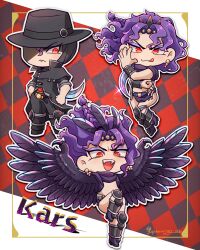  1boy arm_blade battle_tendency black_capelet black_coat black_hat black_pants capelet character_name chibi chibi_only coat commentary_request earrings eyeshadow fangs feather_hair_ornament feathered_wings feathers hair_ornament hat high_collar highres horns jewelry jojo_no_kimyou_na_bouken jojo_pose jupiterrr2022 kars_(jojo) knee_pads loincloth long_coat long_hair makeup male_focus monster_boy multiple_persona official_alternate_costume pants partially_shaded_face pelvic_curtain purple_eyeshadow purple_hair red_eyes sleeves_rolled_up tongue tongue_out wavy_hair weapon winged_arms wings 