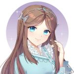  1girl asymmetrical_sleeves blue_eyes blush brown_hair circle collar douluo_dalu dress frilled_collar frills hair_ornament hand_in_own_hair heidao_a_zi long_hair looking_at_viewer ning_rongrong_(douluo_dalu) smile sparkle upper_body 