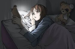  1girl boko_(girls_und_panzer) brown_eyes brown_hair cellphone dark girls_und_panzer highres holding holding_phone lying nishizumi_miho on_side pajamas phone skrmtl smartphone solo stuffed_animal stuffed_toy teddy_bear under_covers 