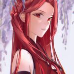  1girl bi_ting_(xia_lan) braid collared_dress dress flower highres long_hair looking_at_viewer open_mouth red_dress red_eyes redhead solo teeth upper_body white_background wisteria xia_lan xia_lan_bi_ting_chao_hua 