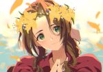  1girl aerith_gainsborough bangs brown_hair choker clouds cloudy_sky falling_petals final_fantasy final_fantasy_vii flower goku-chan green_eyes hair_between_eyes hair_ribbon head_wreath highres jacket looking_at_viewer own_hands_together parted_bangs petals puffy_sleeves red_jacket ribbon sidelocks sky smile solo upper_body wavy_hair yellow_flower 