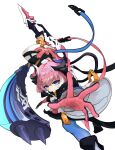  1girl absurdres asymmetrical_legwear bangs black_gloves blue_eyes blue_legwear closed_mouth cyslm gloves highres holding holding_sword holding_weapon honkai_(series) honkai_impact_3rd horns long_hair long_sleeves looking_back mismatched_legwear pink_hair pink_legwear rozaliya_olenyeva rozaliya_olenyeva_(fervent_tempo) simple_background smile solo sword tail thigh-highs weapon white_background 