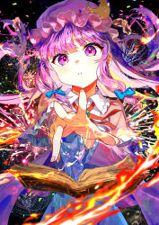  1girl absurdres black_background blue_bow book bow capelet crescent crescent_hat_ornament dress fire floating floating_book floating_hair floating_object hat hat_ornament highres ibushi_roun long_hair long_sleeves looking_at_viewer magic magic_circle open_mouth outstretched_hand patchouli_knowledge purple_capelet purple_dress purple_hair purple_hat red_ribbon ribbon solo touhou violet_eyes 