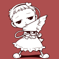  1girl commentary_request frilled_shirt frilled_skirt frills full_body hair_ornament hairband heart heart_hair_ornament henshin komeiji_satori looking_at_viewer monochrome onikobe_rin open_mouth pixie_cut red_background shirt short_bangs short_hair simple_background skirt slippers solo third_eye touhou triangle_mouth very_short_hair 