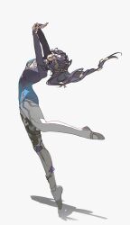  1girl absurdres arched_back arm_up athletic_leotard black_hair blue_leotard breasts cleavage_cutout closed_eyes closed_mouth clothing_cutout floating_hair from_side full_body grey_shoes gymnastics hair_ornament highres leaf_hair_ornament leg_up leotard long_sleeves medium_breasts pantyhose prosthesis prosthetic_leg reverse:1999 rhythmic_gymnastics shoes solo standing standing_on_one_leg tansuangai_fenmo tiptoes white_background white_pantyhose willow_(reverse:1999) 