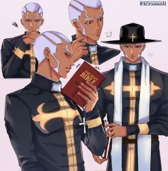  1boy adjusting_collar artist_name bible_(object) black_eyes black_robe book closed_mouth commentary cowboy_shot cross dark-skinned_male dark_skin english_commentary english_text enrico_pucci fingernails grey_background hand_up henoopd highres holding holding_book holding_cross jojo_no_kimyou_na_bouken looking_at_viewer looking_to_the_side male_focus own_hands_together parted_lips portrait profile purple_hair robe short_hair simple_background sparkle stone_ocean upper_body very_short_hair 