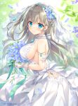  1girl ameto_yuki armpits bare_back bare_shoulders blonde_hair blush bouquet breasts bridal_veil bride closed_mouth colored_skin dress ear_focus flower green_hair hair_between_eyes hair_flower hair_ornament jewelry lace lace-trimmed_dress lace_trim large_breasts long_hair looking_at_viewer original pointy_breasts ribbon sideboob skirt sleeveless smile veil very_long_hair wedding_dress white_dress white_skin white_skirt 