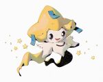  :d bluekomadori commentary full_body happy jirachi looking_at_viewer no_humans open_mouth outstretched_arms pokemon pokemon_(creature) smile tongue white_background 
