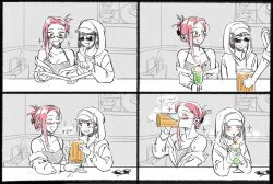  2girls alcohol alien_stage baseball_cap beer beer_mug camisole claw_hair_clip commentary cup drink_switch_(meme) drinking english_commentary food glasses hair_ornament hairclip hat highres holding holding_cup holding_menu hood hood_up hoodie ice_cream meme menu mizi_(alien_stage) mug multiple_girls nesheesuu2 off_shoulder partially_colored pink_hair rectangular_eyewear sparkle sua_(alien_stage) sunglasses unworn_eyewear 